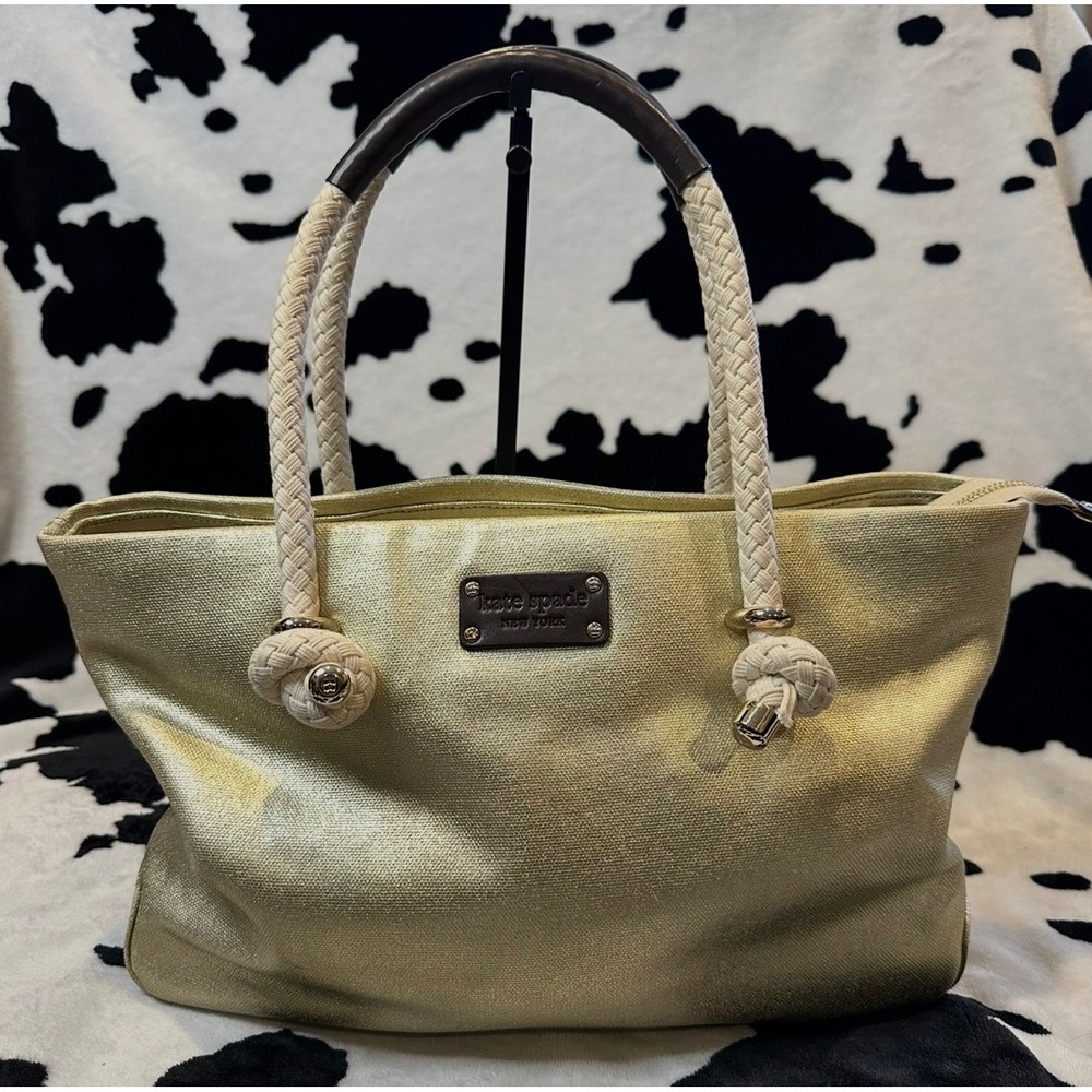 Kate Spade Metallic Gold Canvas Tote Bag Braided Rope Nautical Knot Handles